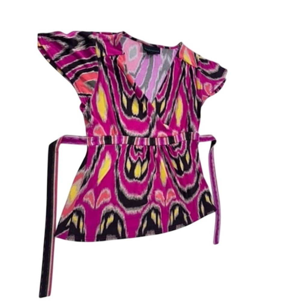 "ATTENTION" Y2K, BABYDOLL‎ TOP, IKAT PATTERN,TIE BACK, V-NECK,90'S